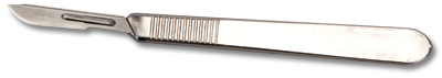 Image of a scalpel handle armed with a number 10 blade.